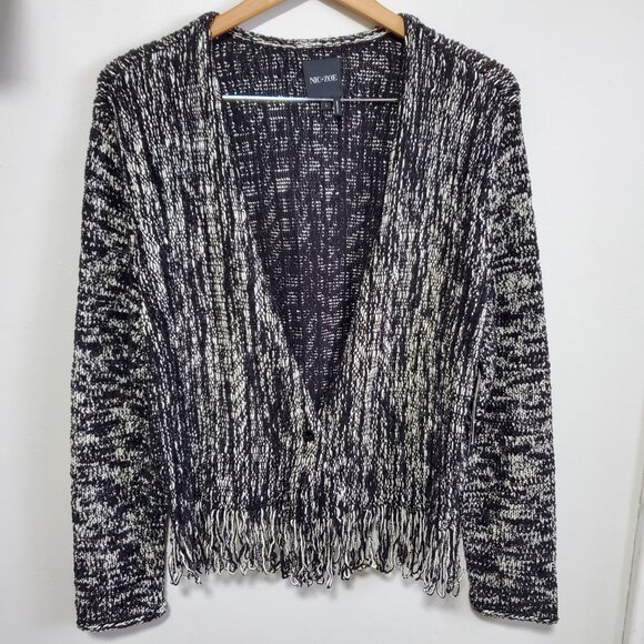NWT NIC + ZOE Fringe Knit Jacket Blazer Toggle Closure White Black Women's Large - Picture 2 of 14